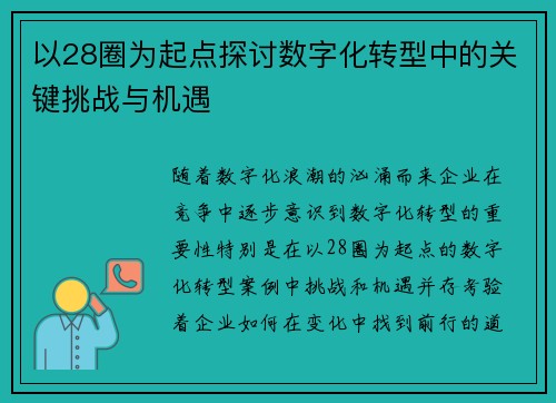 以28圈为起点探讨数字化转型中的关键挑战与机遇